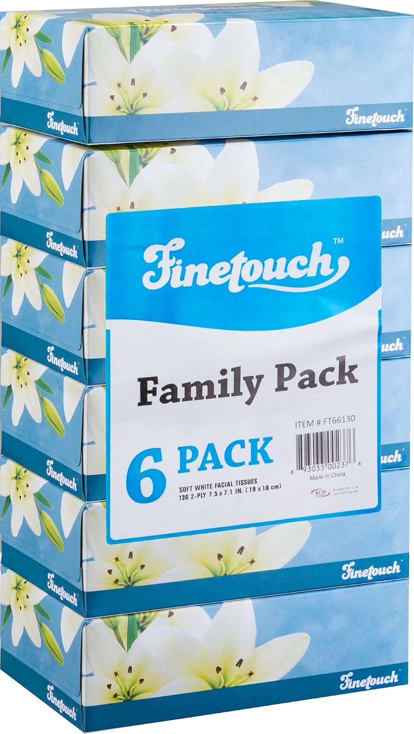 Finetouch Facial Tissues Boxes Bulk, Soft 2-Ply, 130 Sheets, 6 Pack