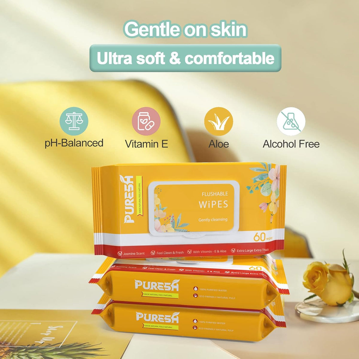 Flushable Wipes for Adults, Soft & Gentle, Jasmine Scent, Wet Wipes with Aloe & Vitamin E (60 Count, Pack of 5)