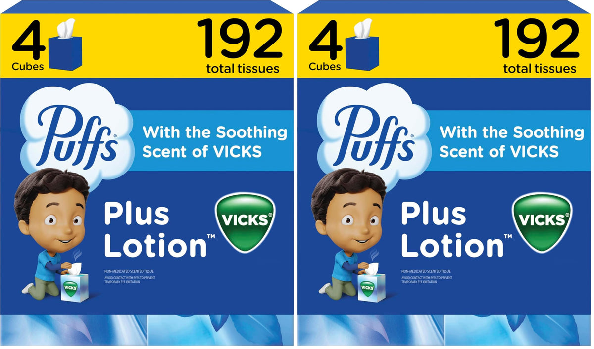 Puffs Plus Lotion with Vicks Facial Tissues, 4 Cubes, 48 Tissues per Box (192 Tissues) [Packaging May Vary]
