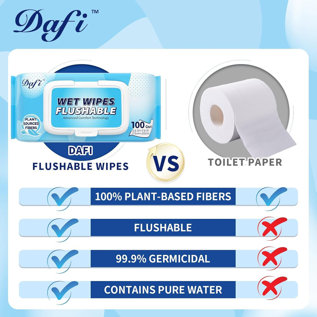 DAFI Flushable Wipes for Adult Wet Wipes, Total 600 Unscented Toilet Wipes Flushable, No Alcohol & 100% Plant Based Fibers, Septic and Sewer Safe Pack of 6