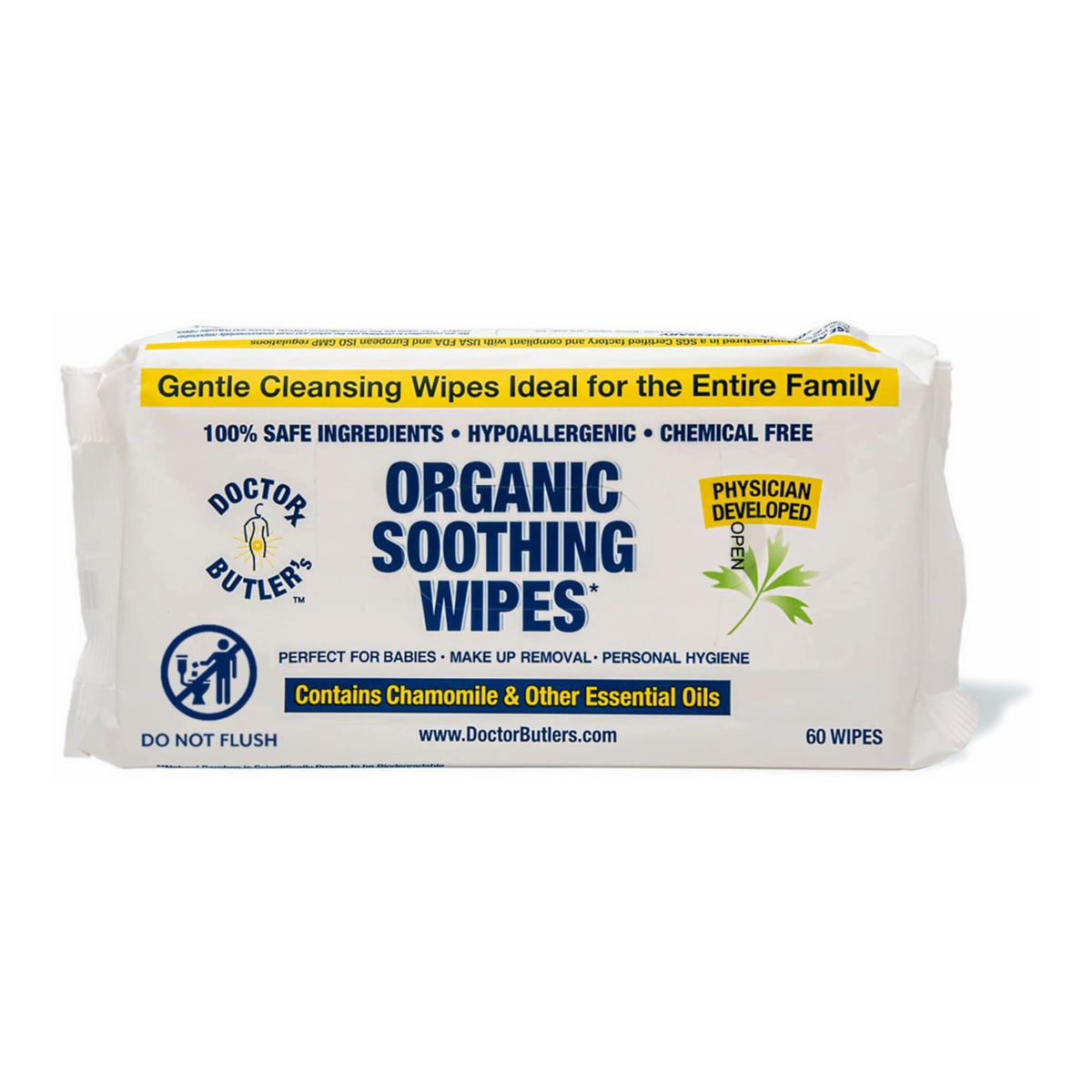 Doctor Butler's Soothing All-Purpose Wet Wipes for Sensitive Skin, Made with Organic Bamboo, Face Wipes, and Bathroom Cleanup with Chamomile and Essential Oils* (1 Pack - 60 Count)