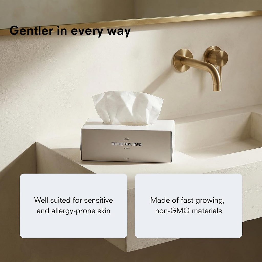 Public Goods Tree-Free Tissues | Bamboo and Sugarcane Facial Tissues | Soft 2-Ply Sheets for Sensitive Skin | Biodegradable, BPA-Free, and Eco-Friendly | 180 Sheets per Box