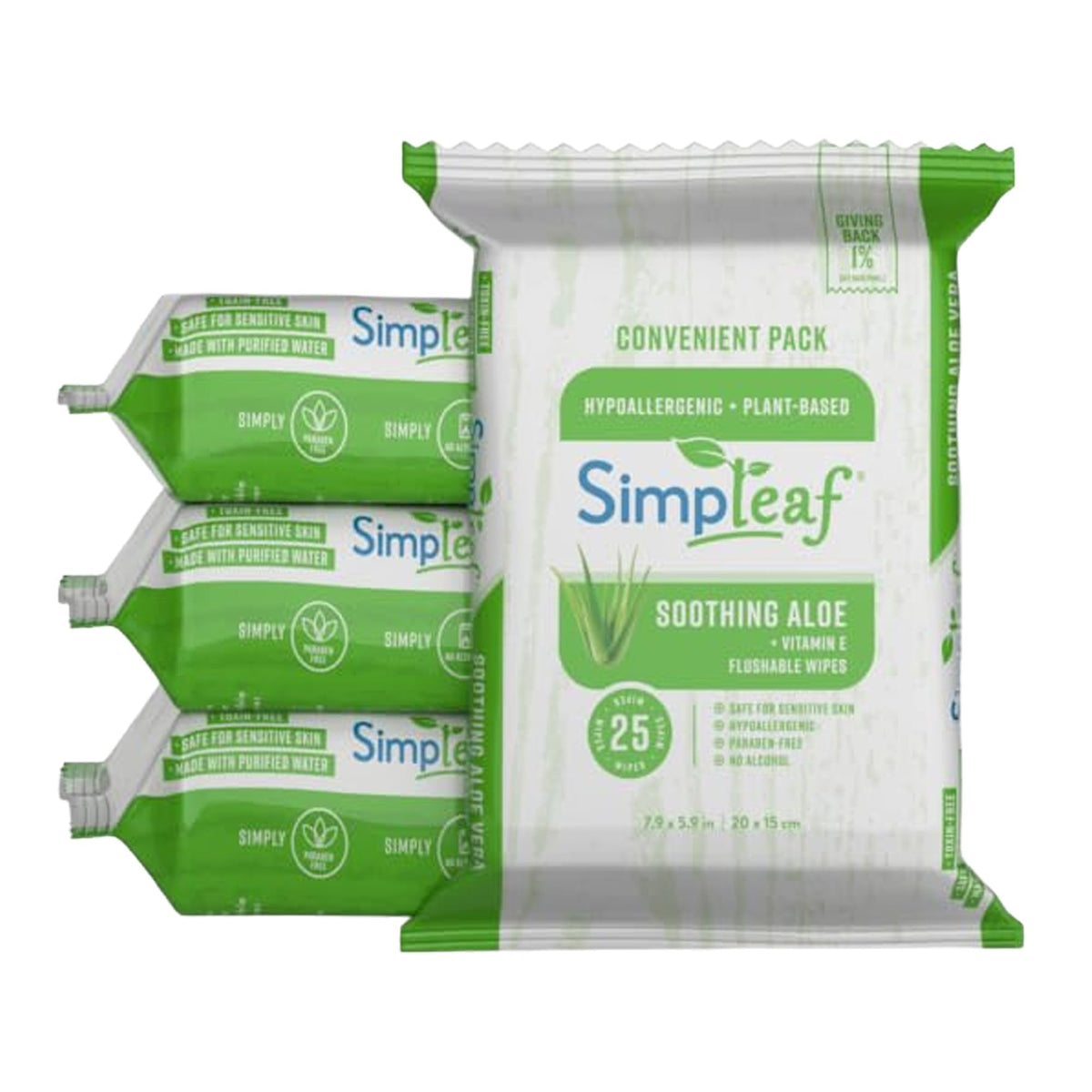 Simpleaf Flushable Wet Wipes Aloe Vera| Eco-Friendly, Paraben & Alcohol Free | Hypoallergenic & Safe for Sensitive Skin | Soothing Aloe Formula | (4 x 25 Count Convenient Pack) 100 Count Total