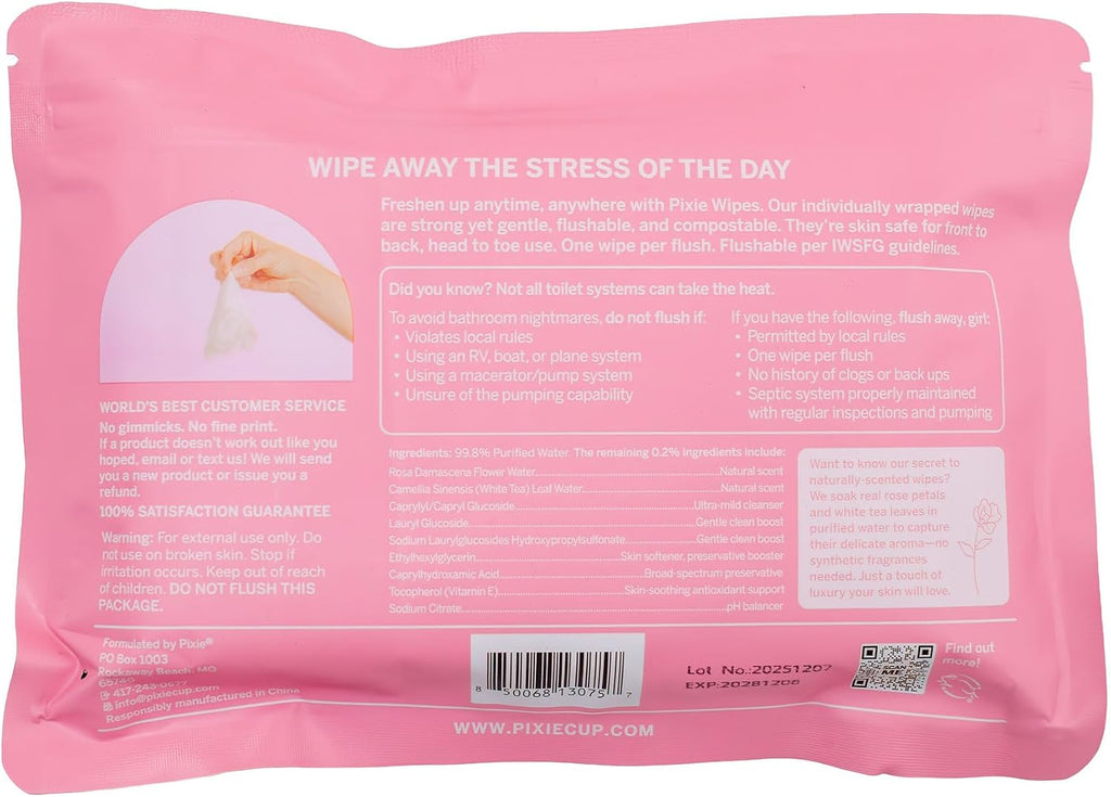 Pixie Feminine Wipes – Naturally Scented Rosewater + White Tea – Flushable, Biodegradable & pH Balanced – Individually Wrapped Wipes for On The Go – Cleaner for Menstrual Cups & Discs (20 Count)