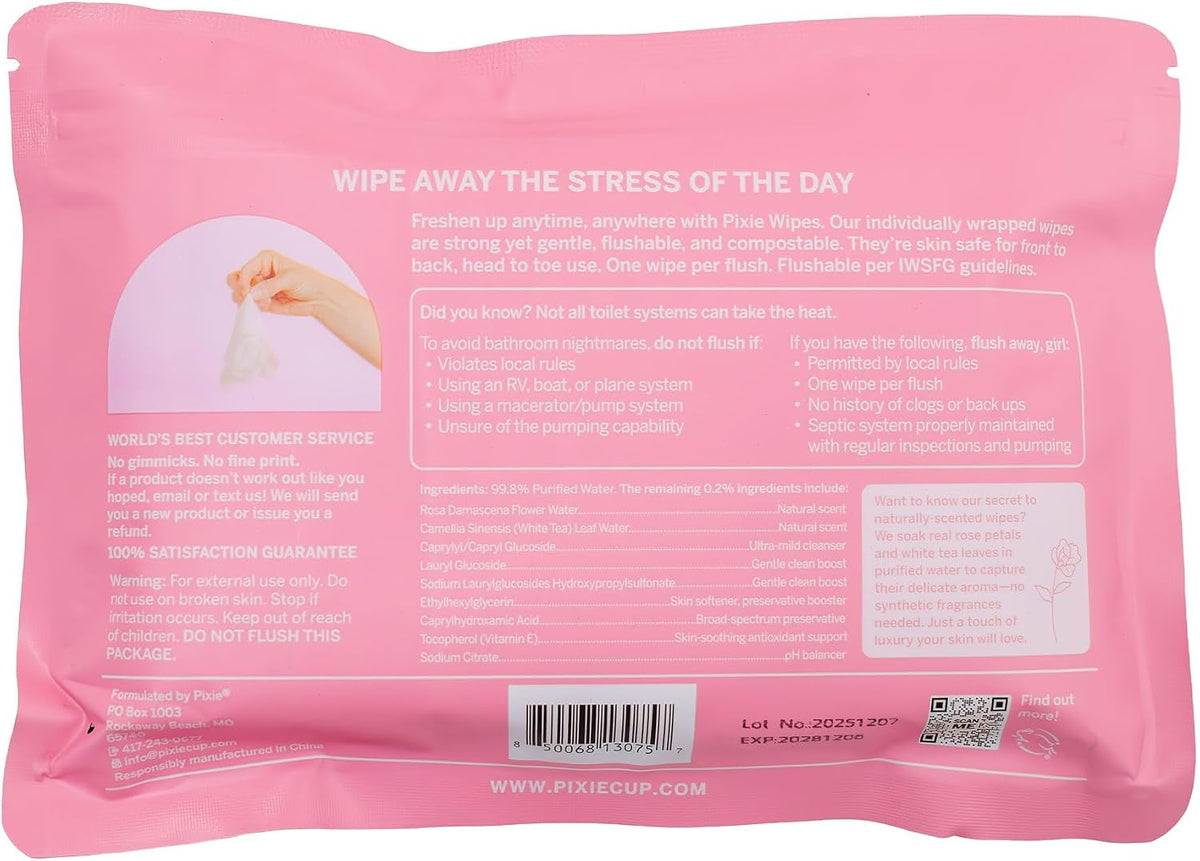 Pixie Feminine Wipes – Naturally Scented Rosewater + White Tea – Flushable, Biodegradable & pH Balanced – Individually Wrapped Wipes for On The Go – Cleaner for Menstrual Cups & Discs (20 Count)