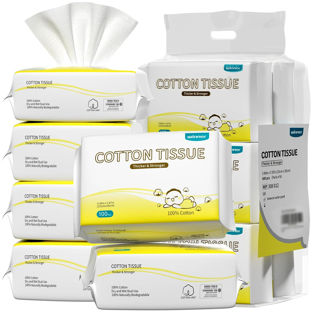 Winner Baby Dry Wipes, 100% Cotton, 600 Count (Pack of 6)