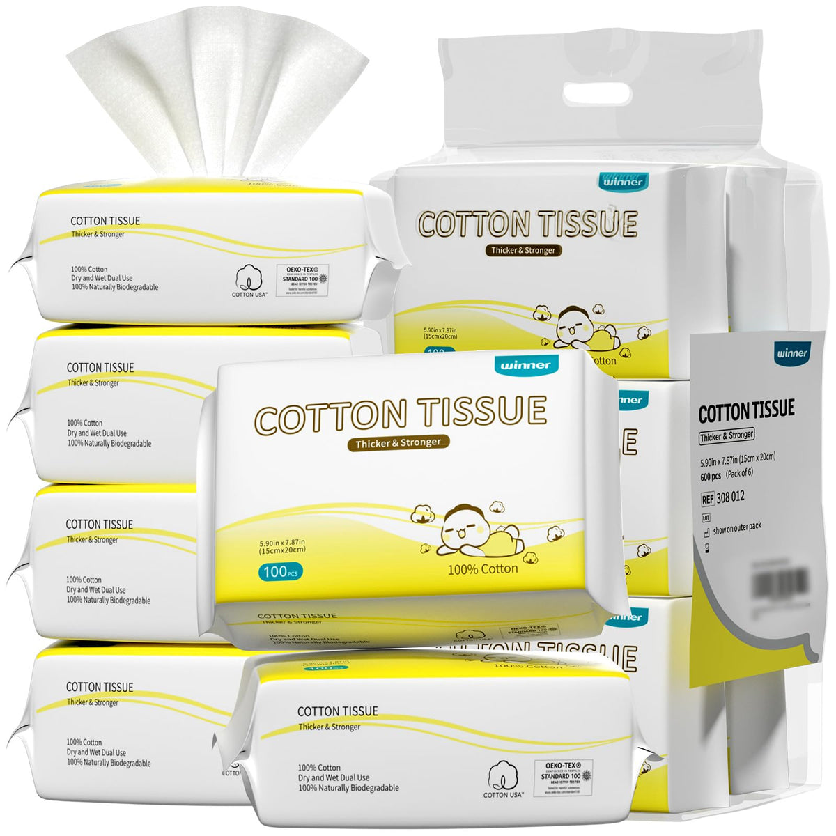 Winner Baby Dry Wipes, 100% Cotton, 600 Count (Pack of 6)