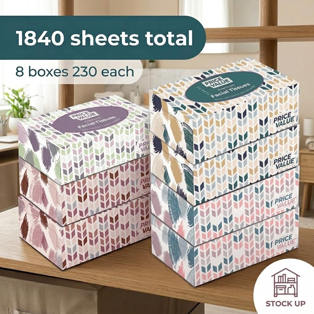 Price Value Facial Tissues Boxes Bulk, Soft 2-Ply, 230 Sheets, 8 Pack