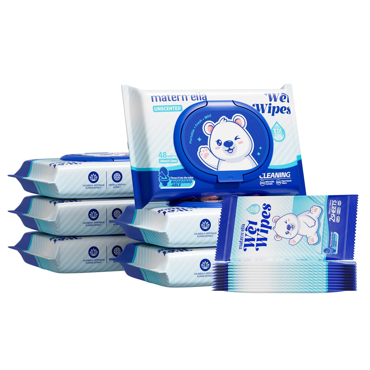 matern'ella Hanging Flushable Wipes Unscented Extra Large Corner-Connected Wet Wipes Adult Plant Based Fibers with Probiotics Alcohol Free Sewer Safe Butt Wipe Travel 3 Packs of 80 Wipes