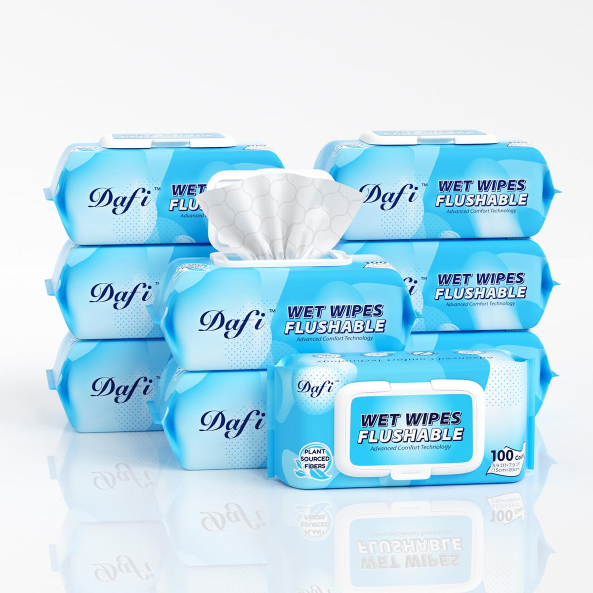 DAFI Flushable Wipes for Adult Wet Wipes, Total 600 Unscented Toilet Wipes Flushable, No Alcohol & 100% Plant Based Fibers, Septic and Sewer Safe Pack of 6