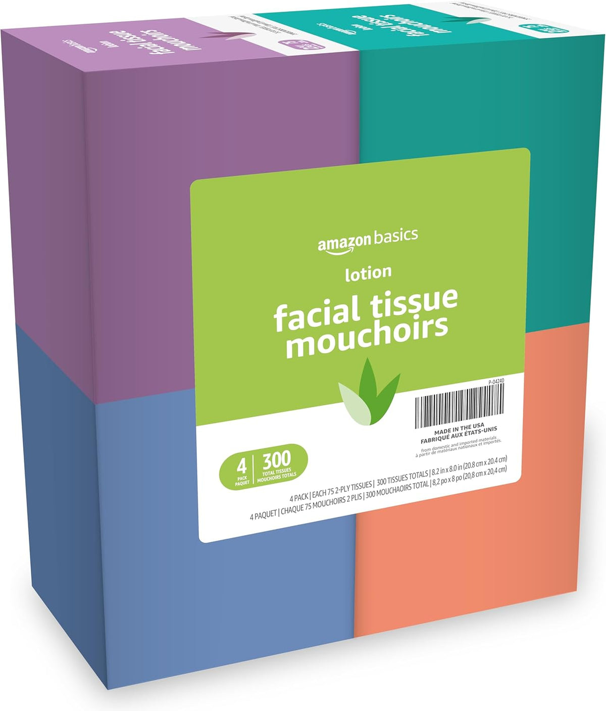 Amazon Basics Facial Tissues with Lotion, 2-Ply, 300 Count (4 Boxes, 75 Tissues per Box), Packaging May Vary