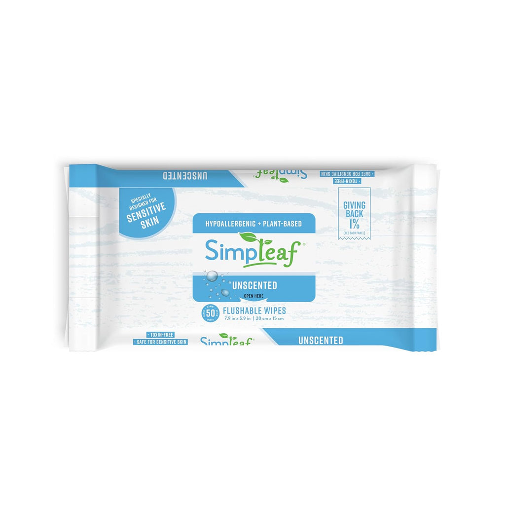 Simpleaf Flushable Wet Wipes Unscented | Plastic Free, Paraben & Alcohol Free | Hypoallergenic & Safe for Sensitive Skin | Soothing Aloe Formula | Adult Toilet Wipes (6 x 50 Count Pack) 300 Count