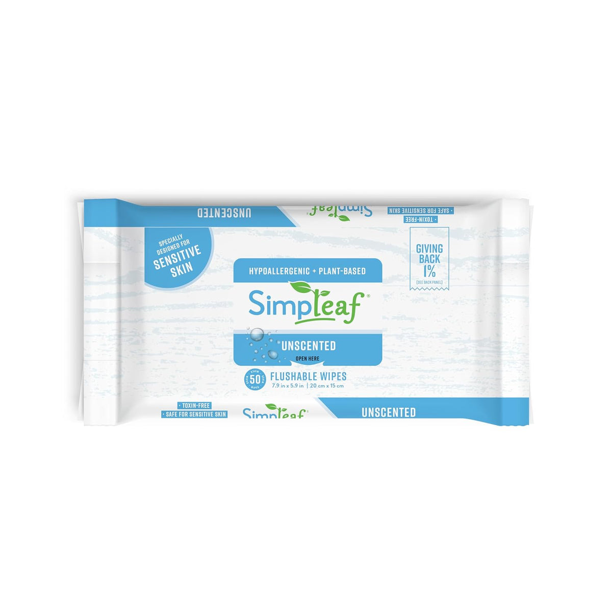 Simpleaf Flushable Wet Wipes Unscented | Plastic Free, Paraben & Alcohol Free | Hypoallergenic & Safe for Sensitive Skin | Soothing Aloe Formula | Adult Toilet Wipes (6 x 50 Count Pack) 300 Count