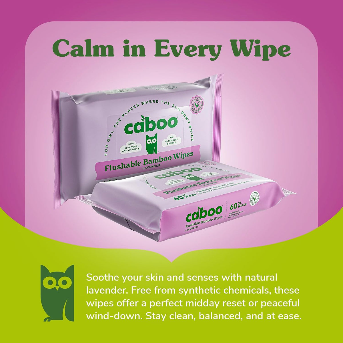 Caboo Tree Free Lavender Flushable Wipes, Septic Safe, 180 Wipes