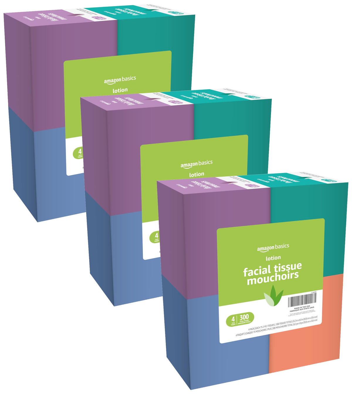 Amazon Basics Facial Tissues with Lotion, 2-Ply, 300 Count (4 Boxes, 75 Tissues per Box), Packaging May Vary