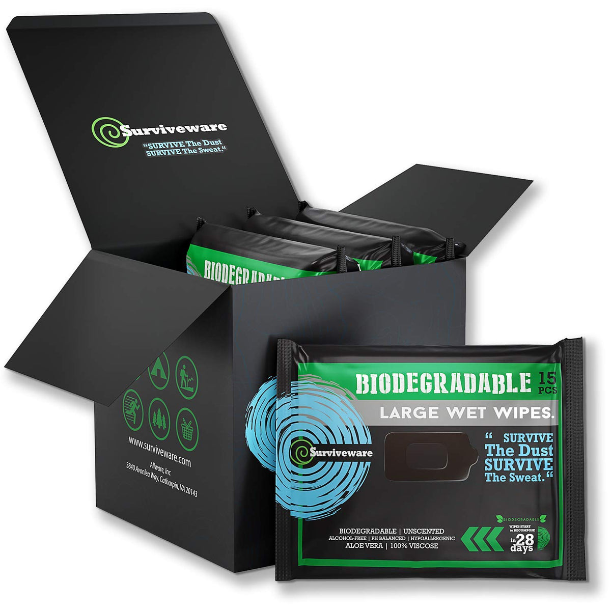 Surviveware Biodegradable Wipes Men or Women - Shower Wet Wipes