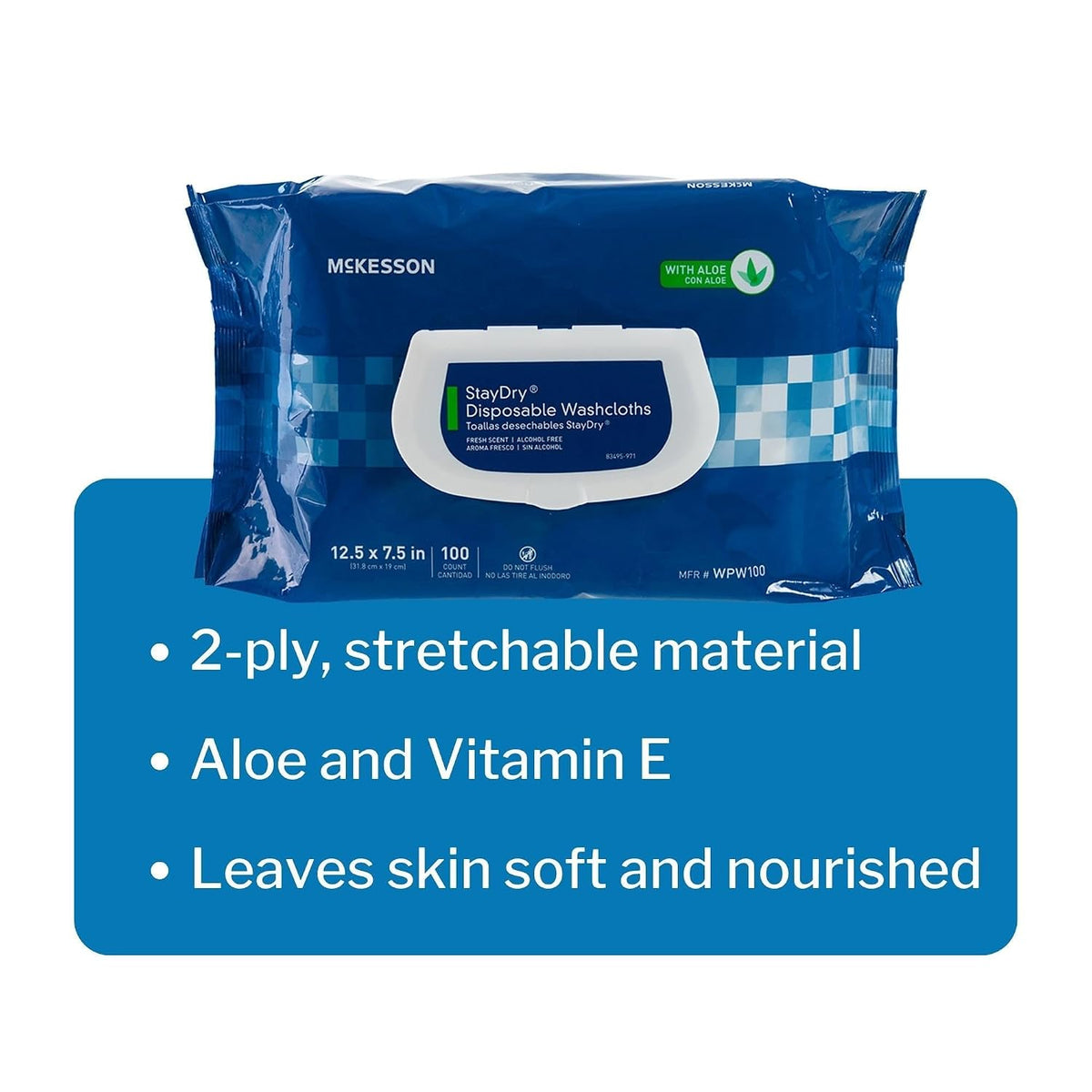 McKesson Disposable Wipe 12 Pack, 600 Washcloths - Large Adult Body and Incontinence Washcloths with Aloe and Vitamin E, Alcohol-Free, 50 Wipes Per Pack