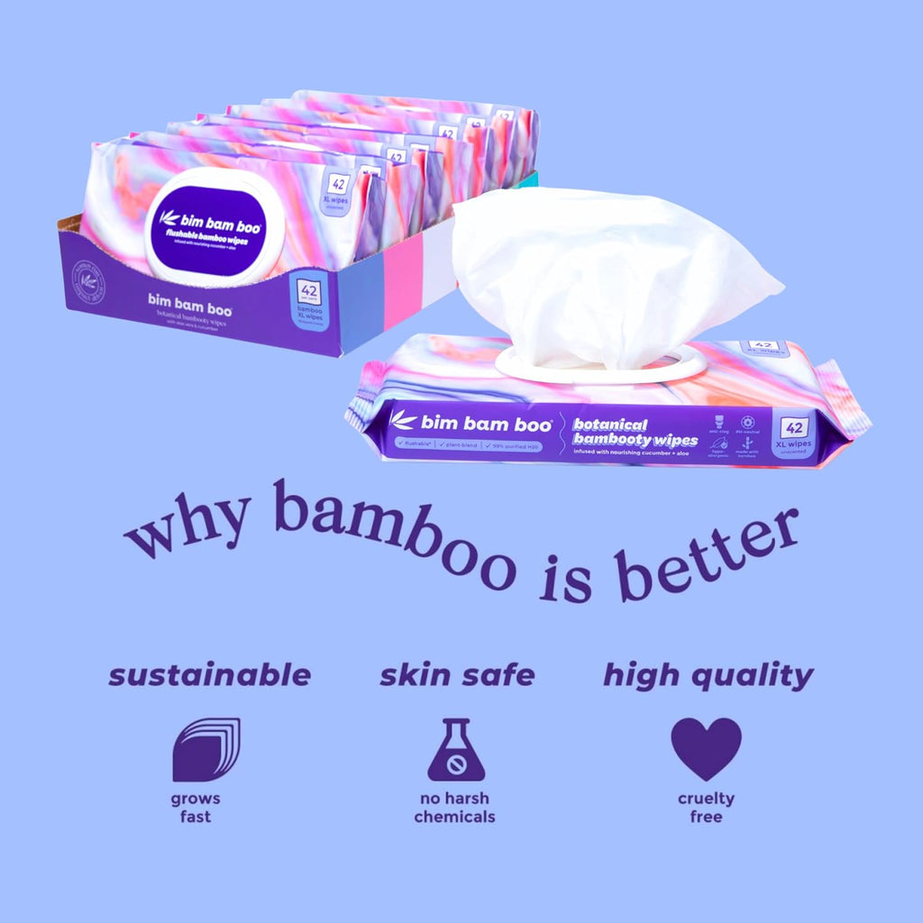 Bim Bam Boo | Flushable Wet Wipes | 100% Plant Based | Extra-Large Size Durable Bamboo | Body Safe, Smooth on Skin, Hypoallergenic | 42 Wipes Per Pouch - 8 Pouches | 366 Total Wipes