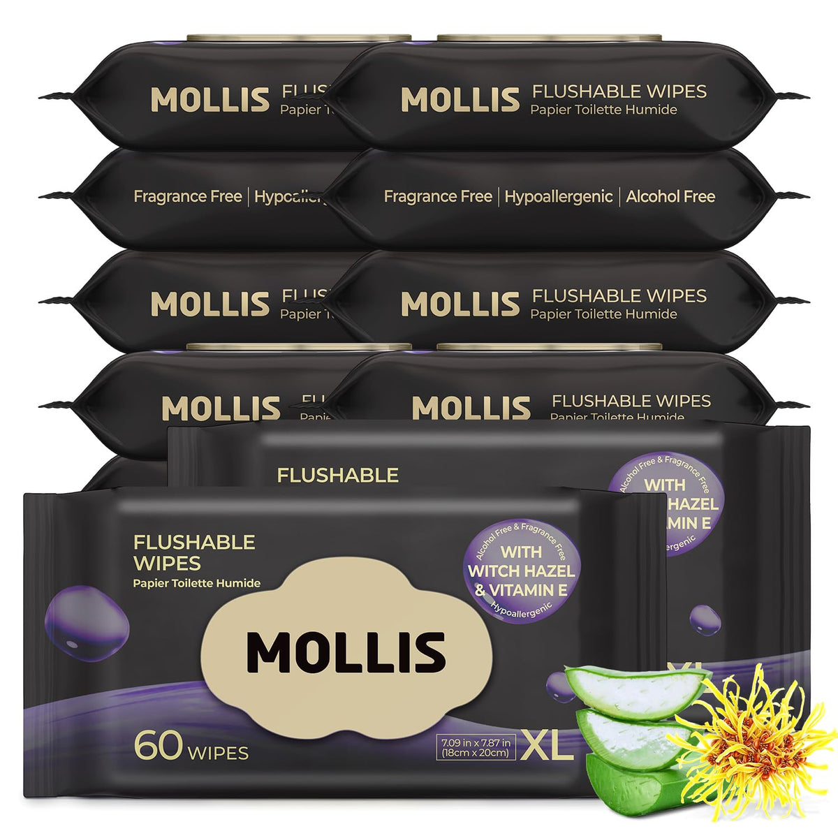 MOLLIS Witch Hazel Flushable Wipes for Adults, Extra Large, 60 Count