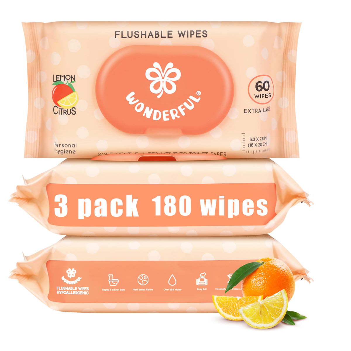 WONDERFUL Flushable Wipes, Unscented 100% Plant-Based Wet Butt Wipe for Adults & Kids, Sewer Septic Safe, Gentle for Sensitive Skin, Wipes Flushable Pack for Bathroom & Travel, 6-Pack (360 Count)