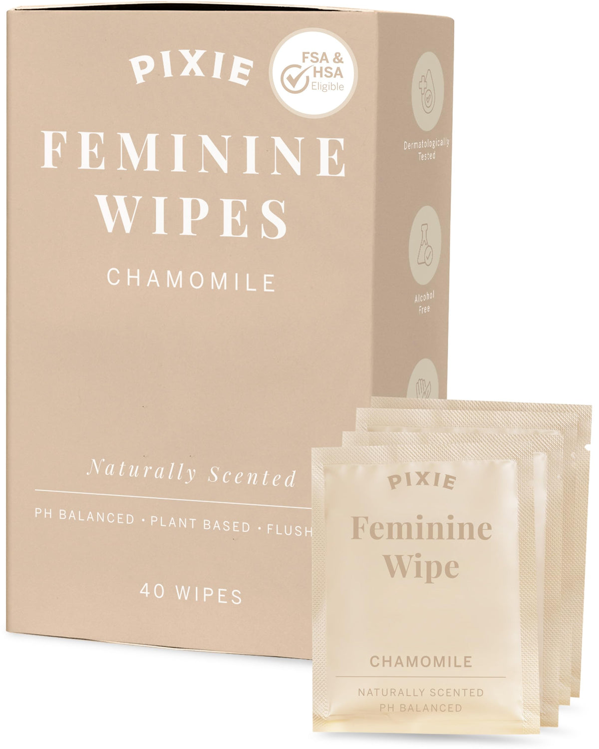 Pixie Feminine Wipes – Naturally Scented Rosewater + White Tea – Flushable, Biodegradable & pH Balanced – Individually Wrapped Wipes for On The Go – Cleaner for Menstrual Cups & Discs (20 Count)
