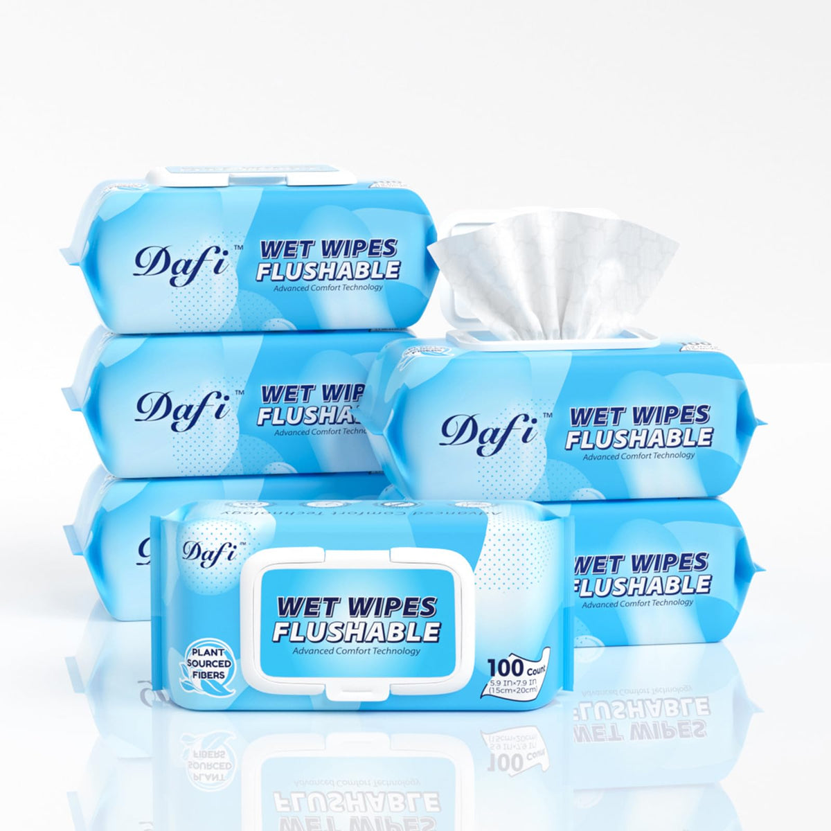 DAFI Flushable Wipes for Adult Wet Wipes, Total 600 Unscented Toilet Wipes Flushable, No Alcohol & 100% Plant Based Fibers, Septic and Sewer Safe Pack of 6