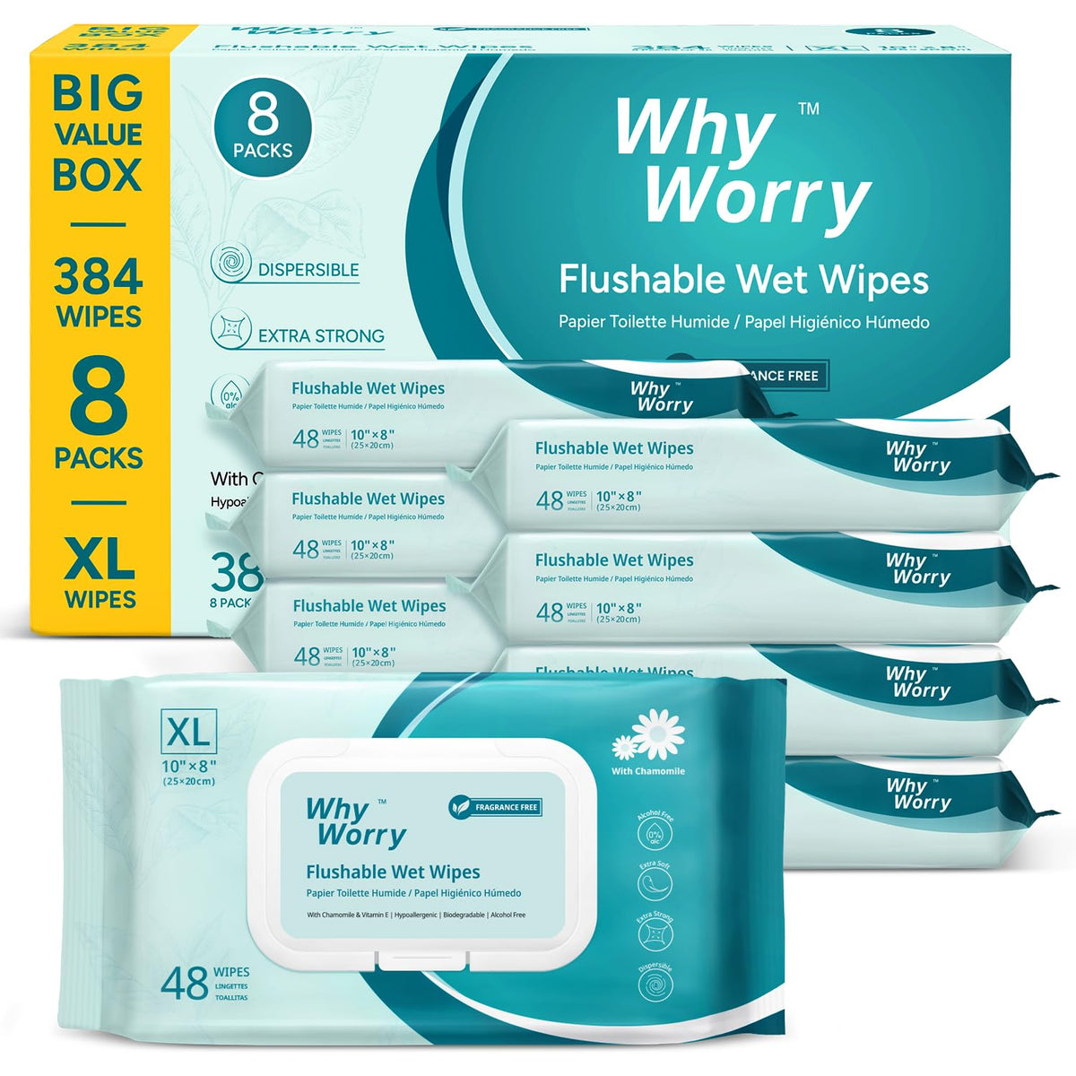 WhyWorry Flushable Wipes for Adults, Sea Incense, 8" x 10", 144 Count