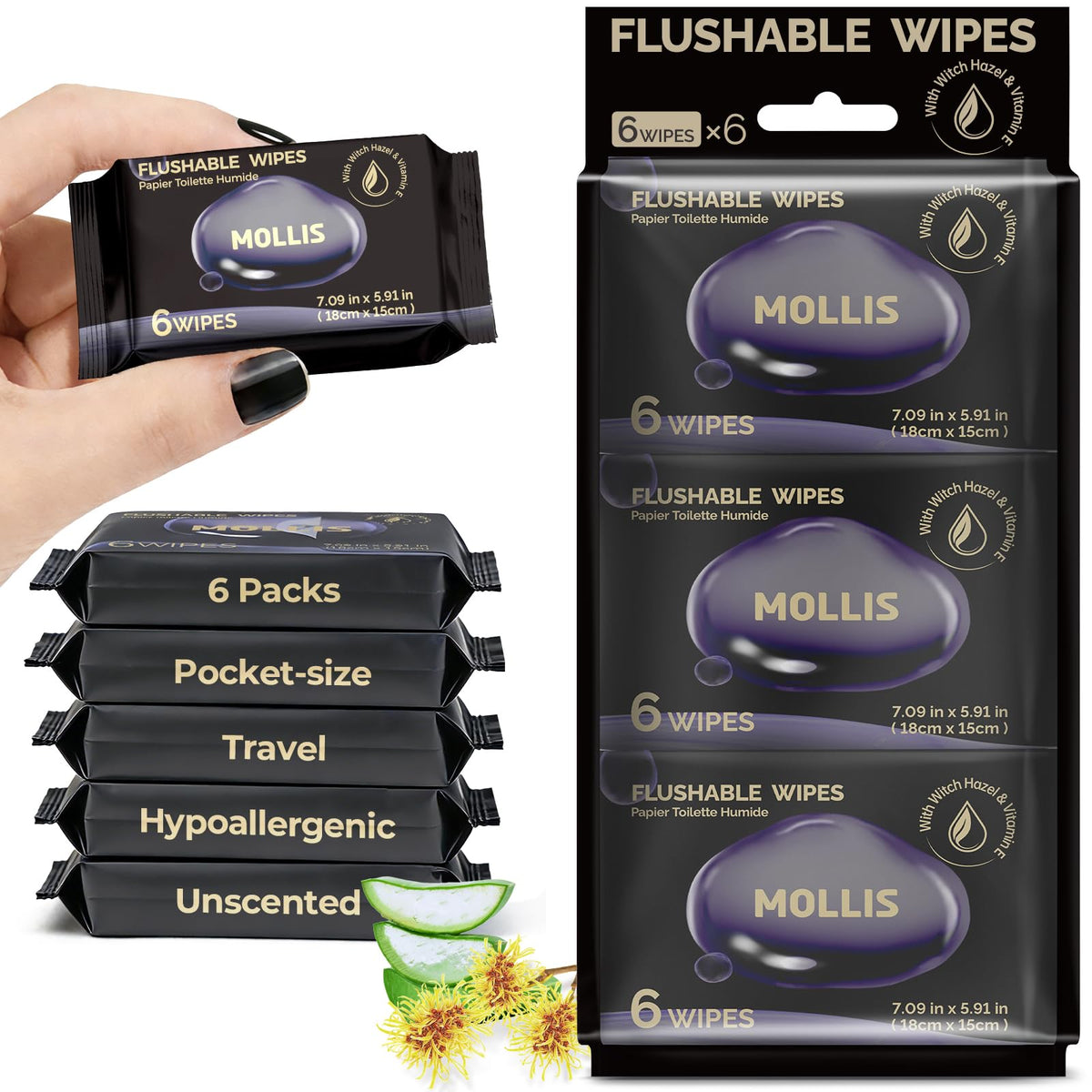 MOLLIS Witch Hazel Flushable Wipes for Adults, Extra Large, 60 Count