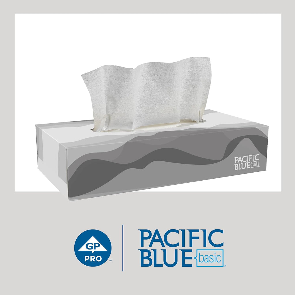 Georgia-Pacific Pacific Blue Basic 2-Ply Facial Tissue (47410), 100 Sheets Per Box, 30 Flat Boxes Per Bulk Case
