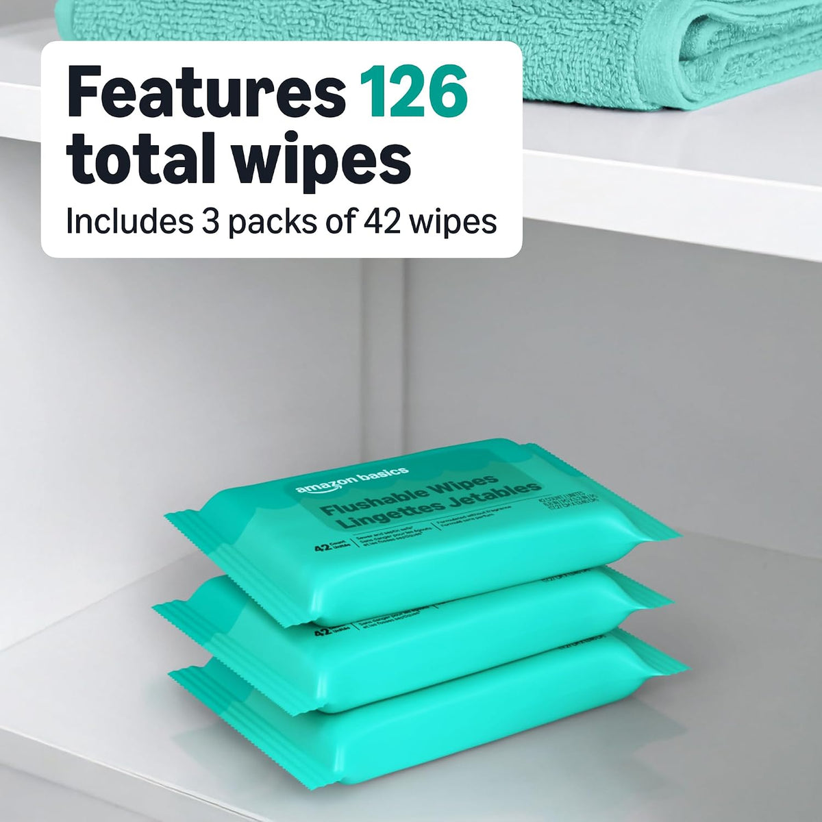 Amazon Basics Flushable Wipes, Fragrance Free, Adult Wet Wipes,126 Count (3 Packs of 42), Packaging May Vary