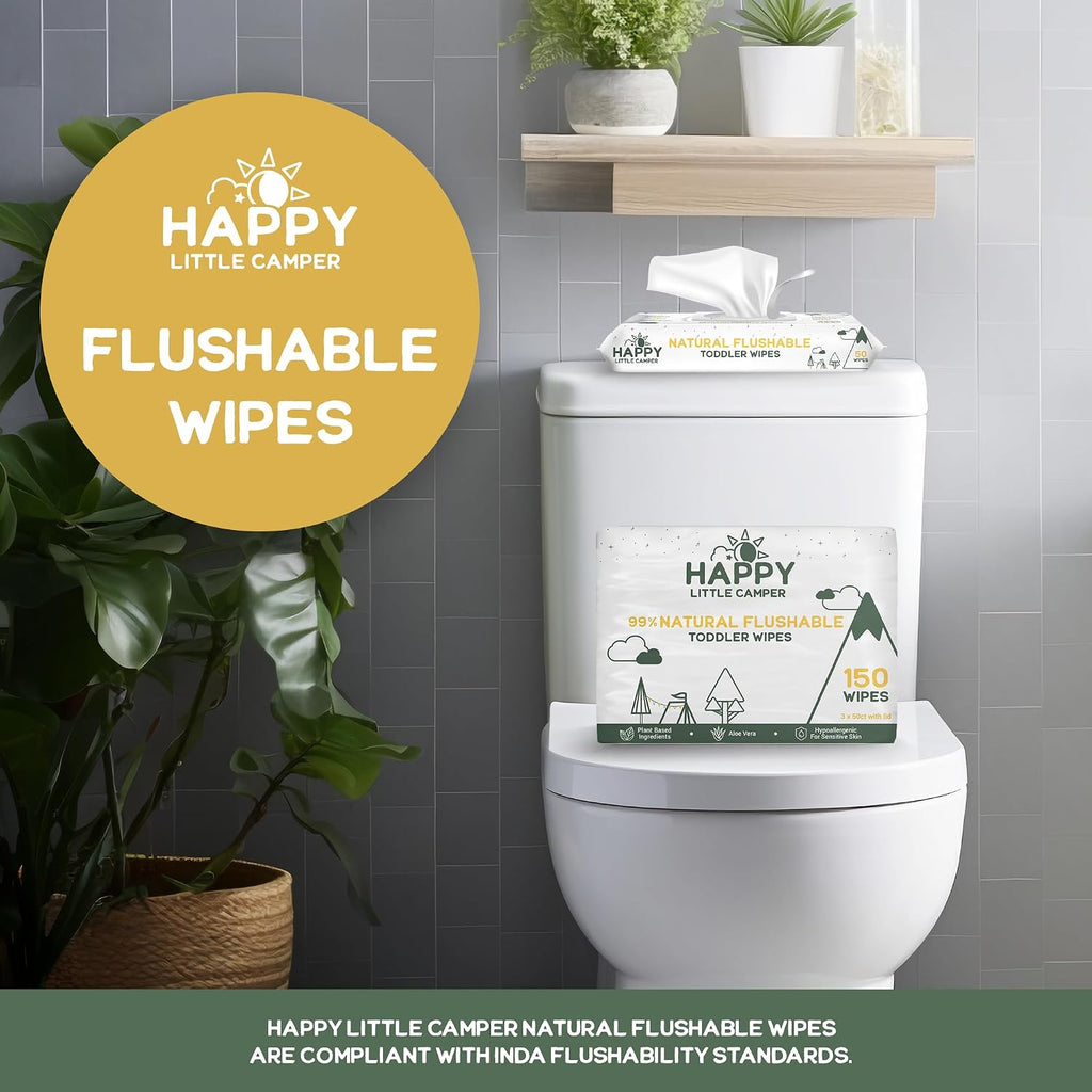 Happy Little Camper Natural Flushable Wipes - Hypoallergenic & Chlorine-Free Wet Wipes with Aloe Vera, Chamomile and Pomegranate Extract - Unscented Baby Wipes Safe for Sensitive Skin - 50 Count