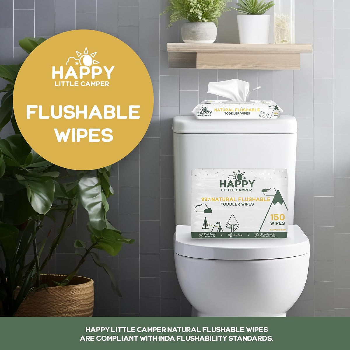 Happy Little Camper Natural Flushable Wipes - Hypoallergenic & Chlorine-Free Wet Wipes with Aloe Vera, Chamomile and Pomegranate Extract - Unscented Baby Wipes Safe for Sensitive Skin - 50 Count