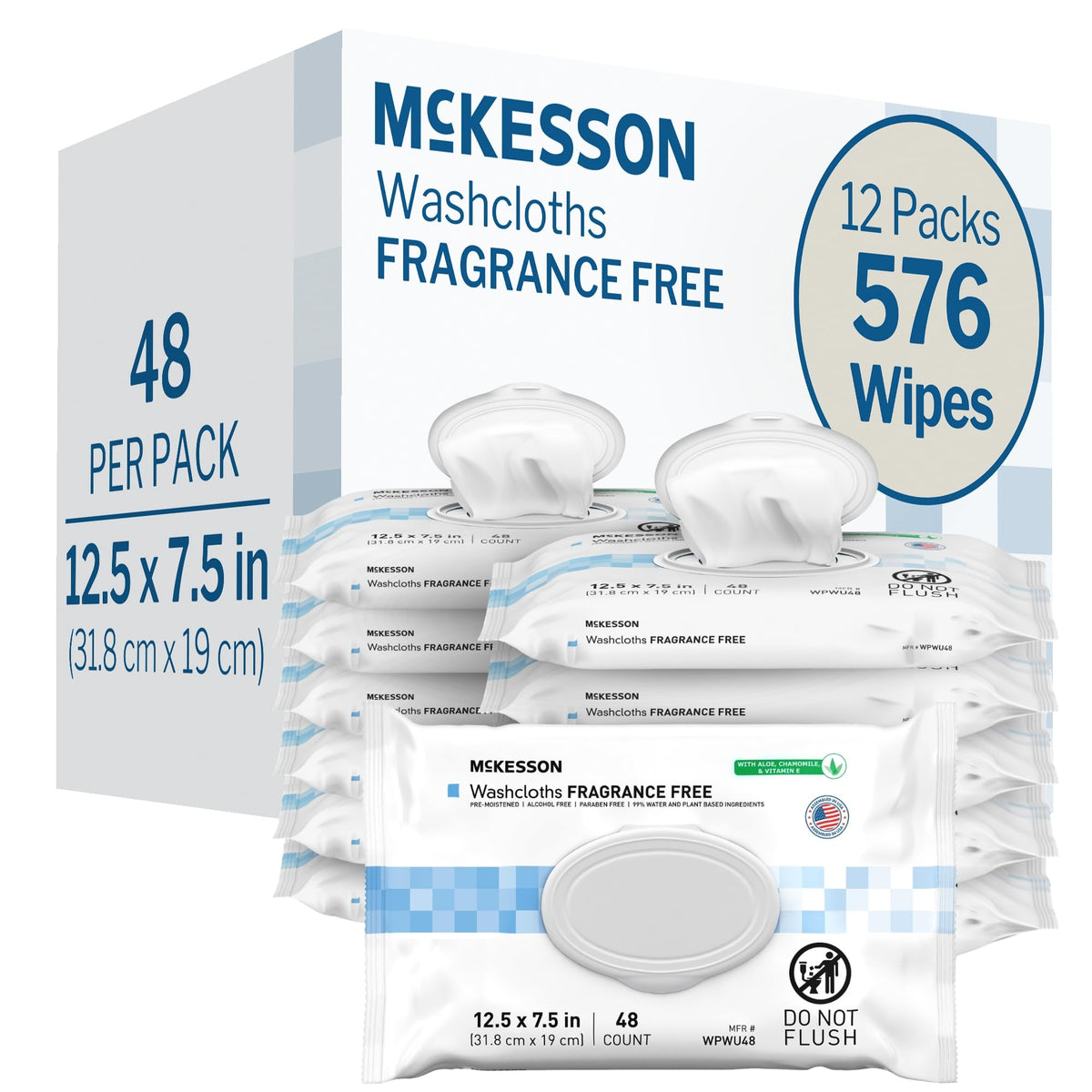 McKesson Disposable Wipe 12 Pack, 600 Washcloths - Large Adult Body and Incontinence Washcloths with Aloe and Vitamin E, Alcohol-Free, 50 Wipes Per Pack
