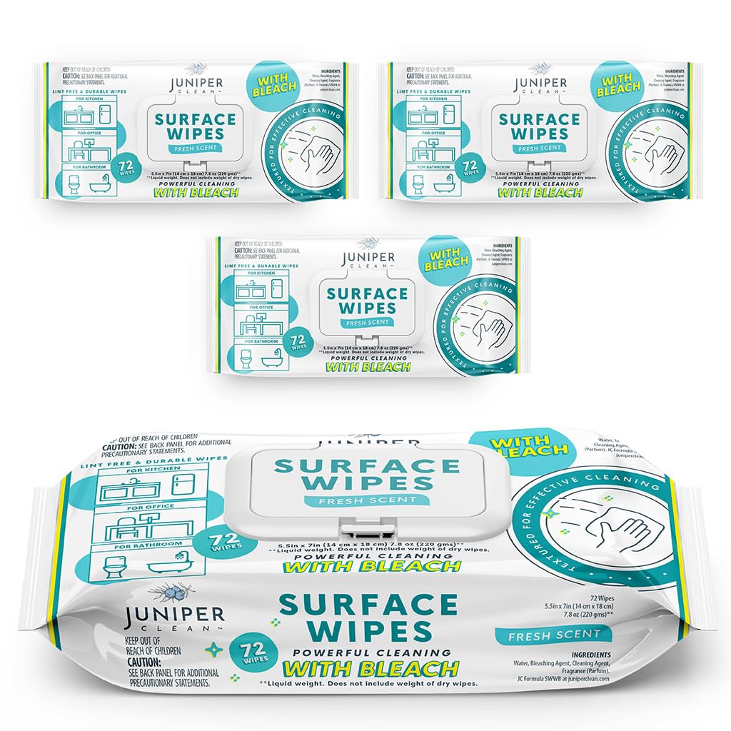 Juniper CLEAN 24 Pack Surface Cleaning Wipes with Bleach, All-Purpose Cleaner for Bathroom, Kitchen, Office, 1728 Count Soft Flow, Fresh Scent, Lint Free & Durable