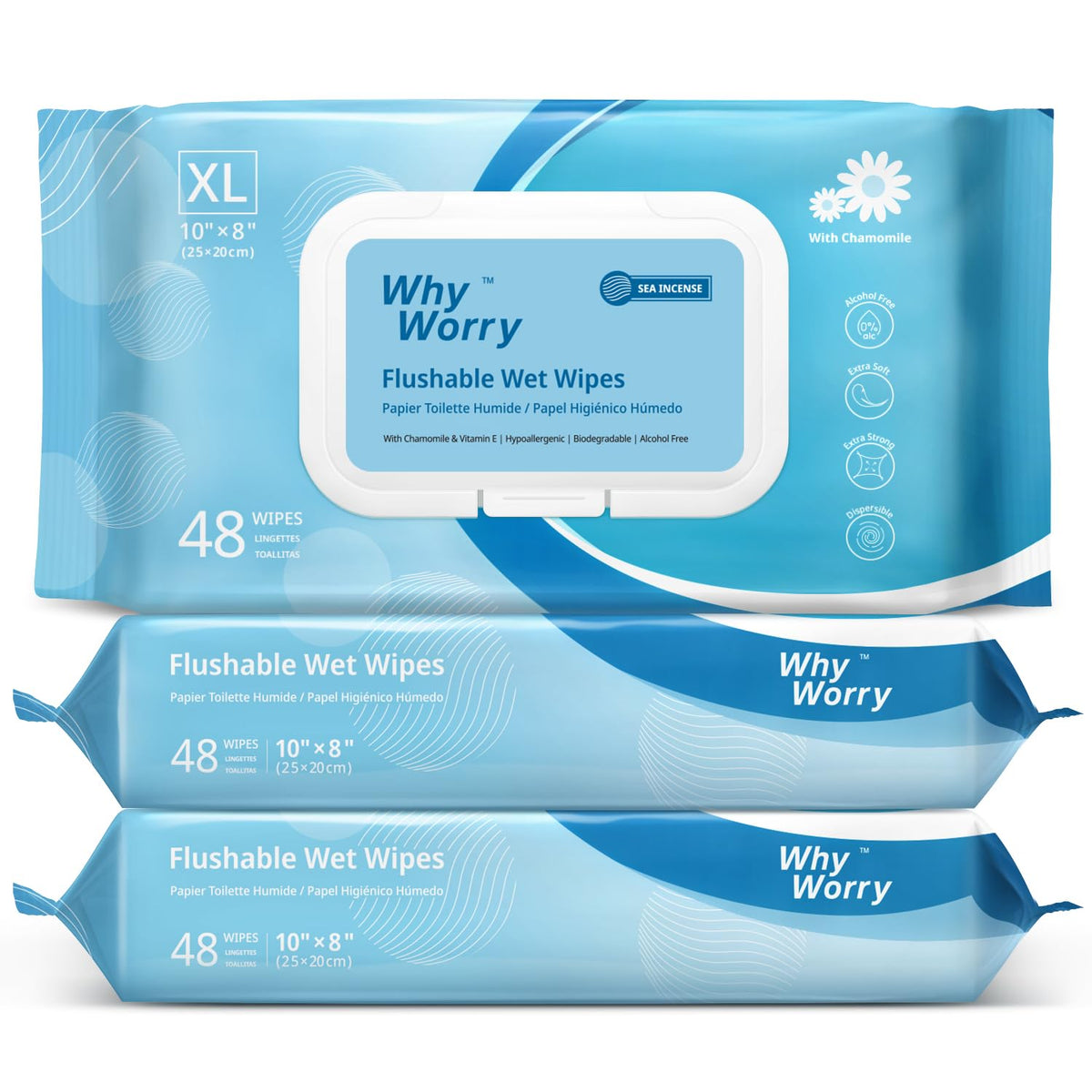 WhyWorry Flushable Wipes for Adults, Sea Incense, 8" x 10", 144 Count
