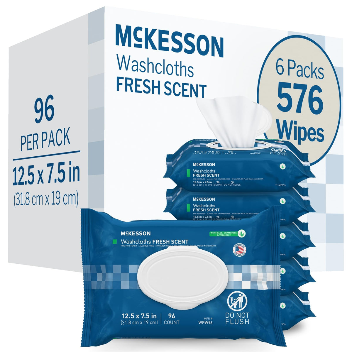 McKesson Disposable Wipe 12 Pack, 600 Washcloths - Large Adult Body and Incontinence Washcloths with Aloe and Vitamin E, Alcohol-Free, 50 Wipes Per Pack