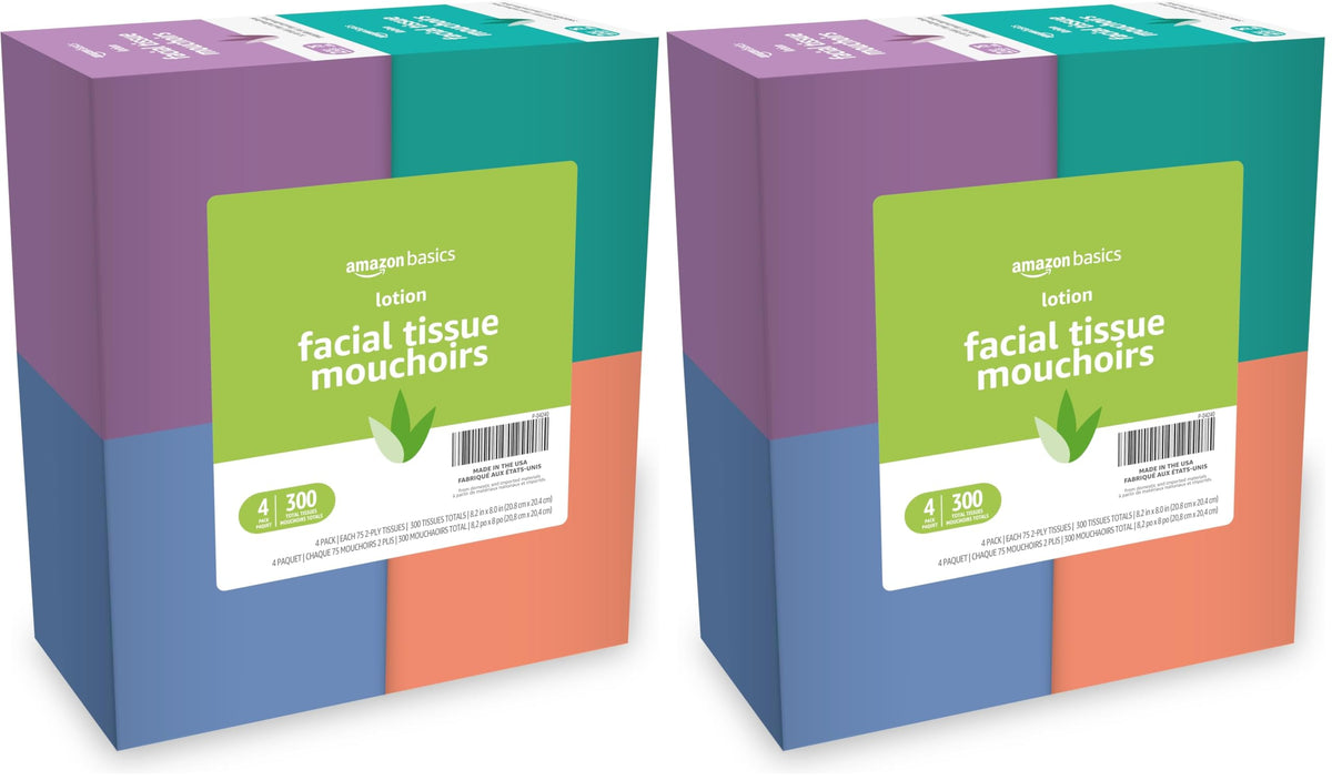 Amazon Basics Facial Tissues with Lotion, 2-Ply, 300 Count (4 Boxes, 75 Tissues per Box), Packaging May Vary