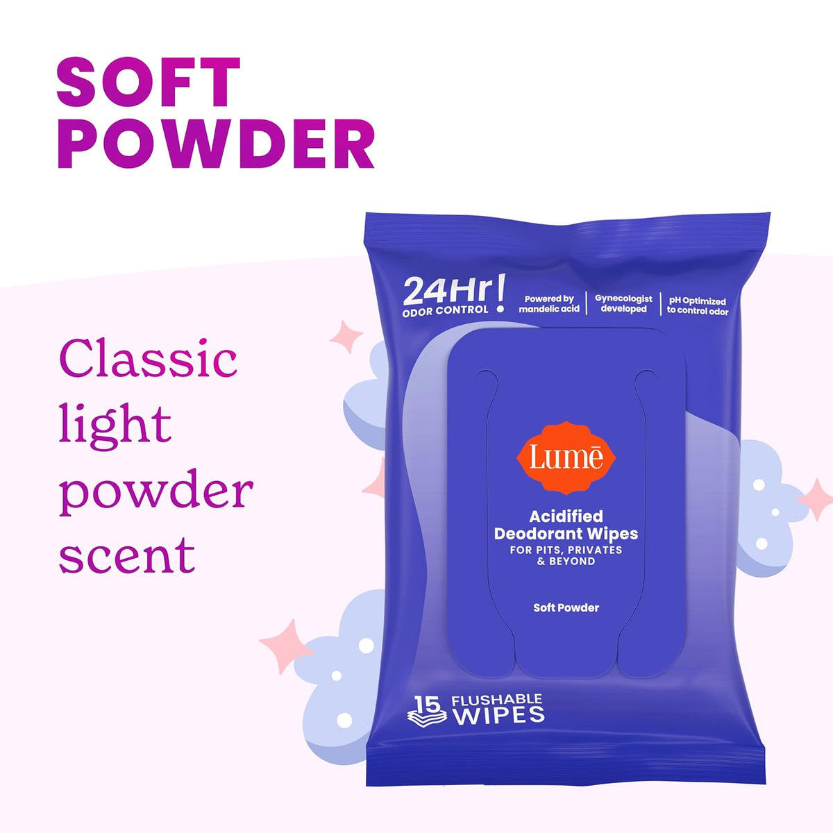 Lume Acidified Deodorant Wipes - 15 ct, 3 pk (Soft Powder)