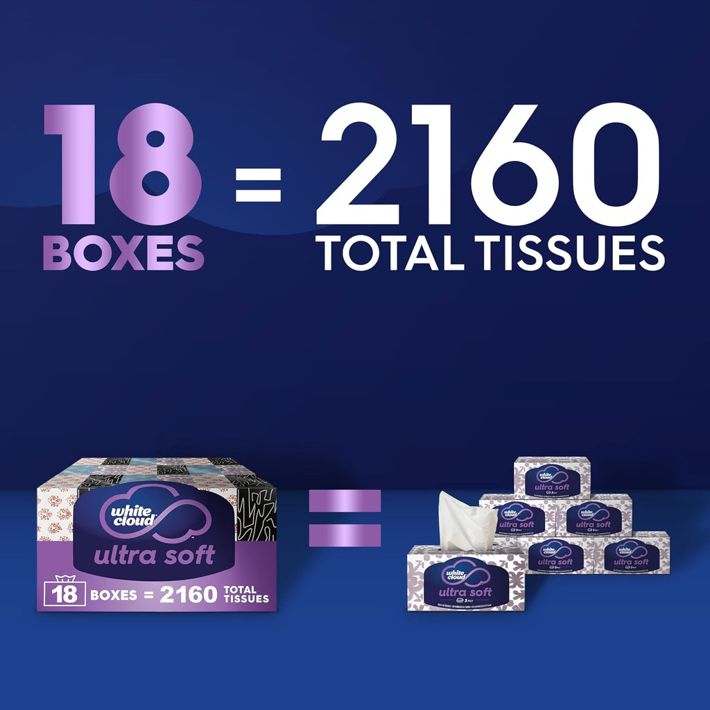 White Cloud Ultra Soft 3-Ply Facial Tissue, 18 Box Pack
