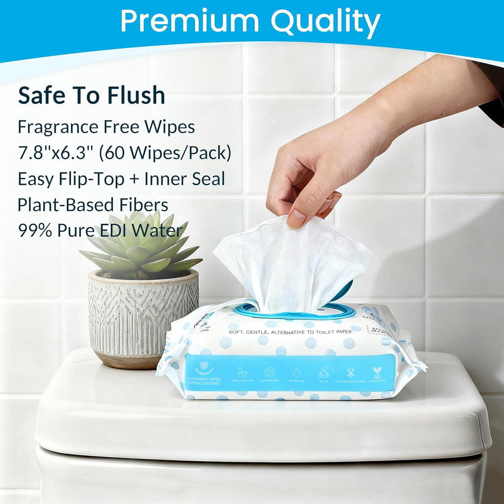 WONDERFUL Flushable Wipes, Unscented 100% Plant-Based Wet Butt Wipe for Adults & Kids, Sewer Septic Safe, Gentle for Sensitive Skin, Wipes Flushable Pack for Bathroom & Travel, 6-Pack (360 Count)