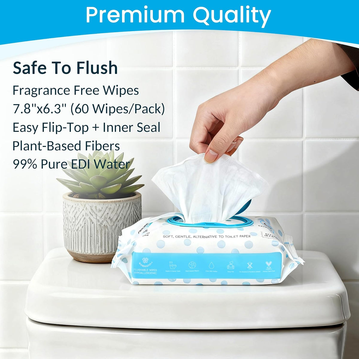 WONDERFUL Flushable Wipes, Unscented 100% Plant-Based Wet Butt Wipe for Adults & Kids, Sewer Septic Safe, Gentle for Sensitive Skin, Wipes Flushable Pack for Bathroom & Travel, 6-Pack (360 Count)