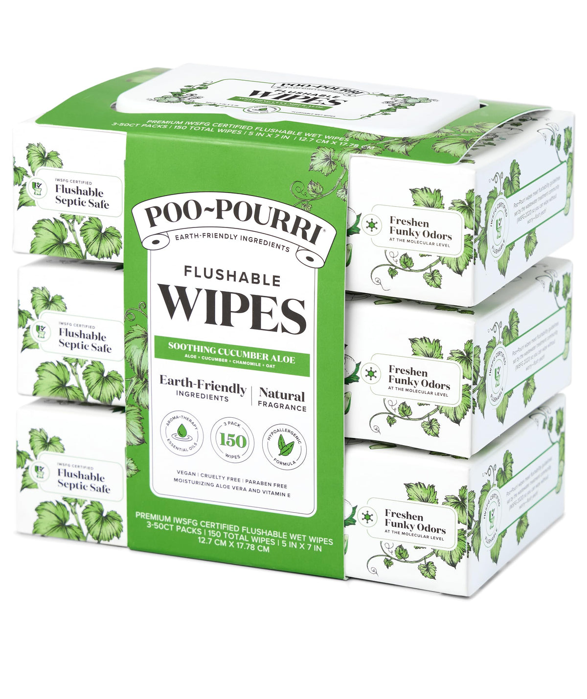 Poo~Pourri Flushable Wipes, Cucumber Aloe, 3-pack Dispensers, 150 Total