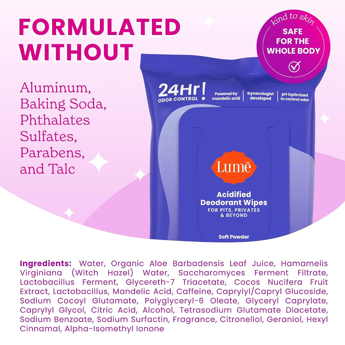 Lume Acidified Deodorant Wipes - 15 ct, 3 pk (Soft Powder)
