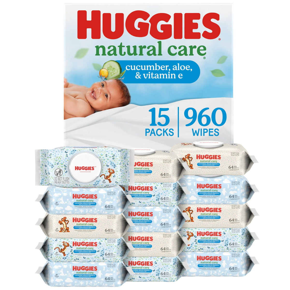 Huggies Natural Care Cucumber, Aloe and Vitamin E Baby Wipes, Hypoallergenic, Scented, 10 Flip-Top Packs (560 Wipes Total), Packaging May Vary