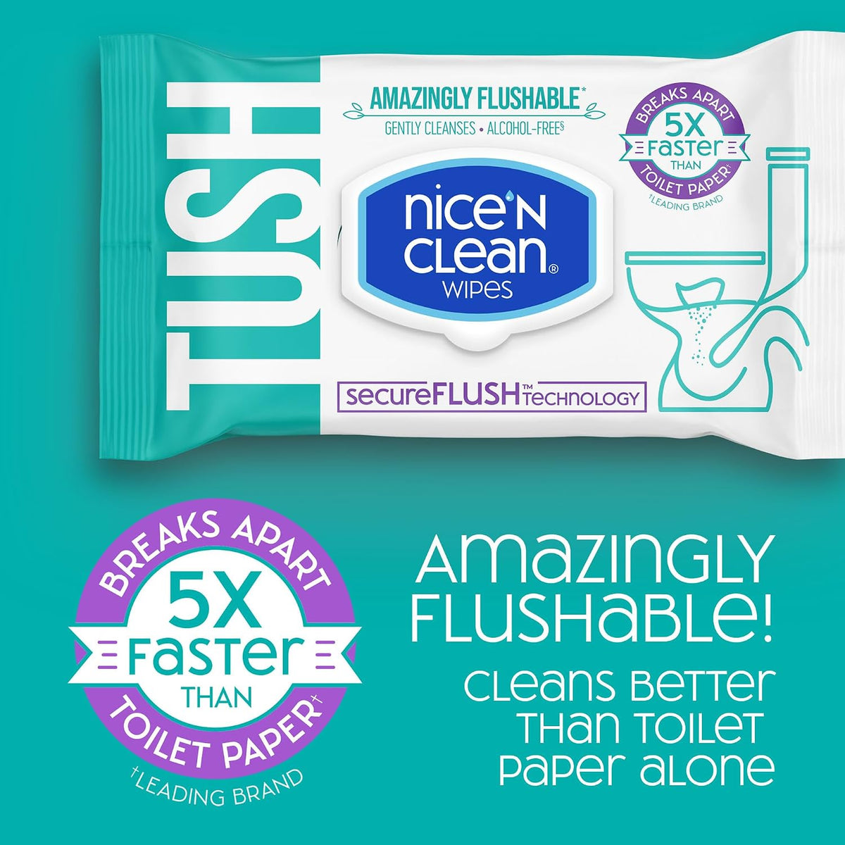 Nice 'N Clean SecureFLUSH Flushable Wet Wipes (42 Count - 6 Packs) | Moist Toilet Tissue with Moisturizing Aloe & Vitamin E | 0% Alcohol Formula for Sensitive Skin | Butt Wipes for Adults