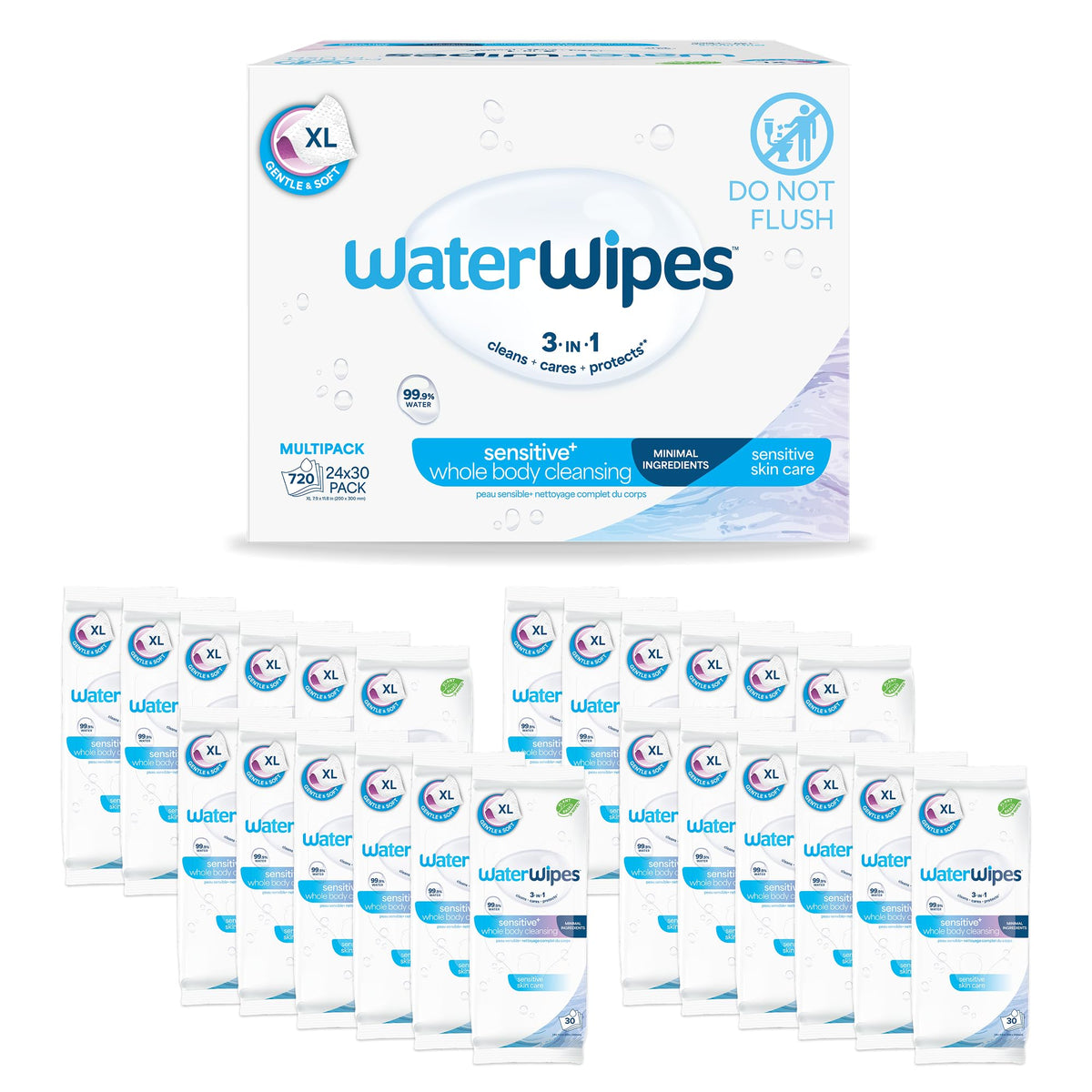 WaterWipes Sensitive Whole Body Cleansing Wipes, 99.9% Purified Water, XL Textured Wipes, Incontinence Care, Fragrance Free, 90 Count