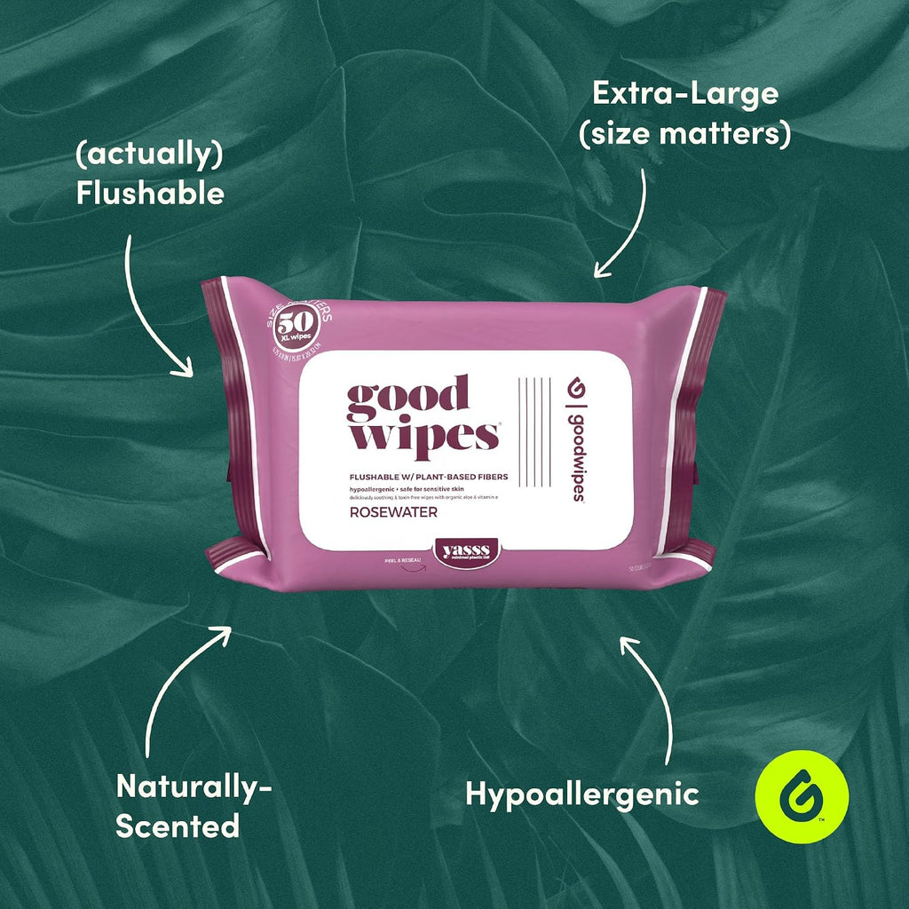 goodwipes Flushable Butt Wipes Made w/Soothing Botanicals & Aloe – Soft & Gentle Wet Wipe Dispenser for Home Use, Septic & Sewer Safe – Largest Adult Toilet Wipes – Rosewater, 300 count (6 packs)