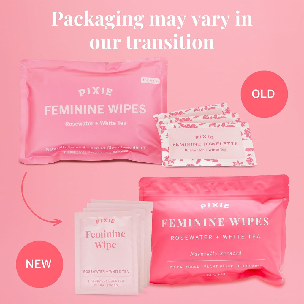 Pixie Feminine Wipes – Naturally Scented Rosewater + White Tea – Flushable, Biodegradable & pH Balanced – Individually Wrapped Wipes for On The Go – Cleaner for Menstrual Cups & Discs (20 Count)