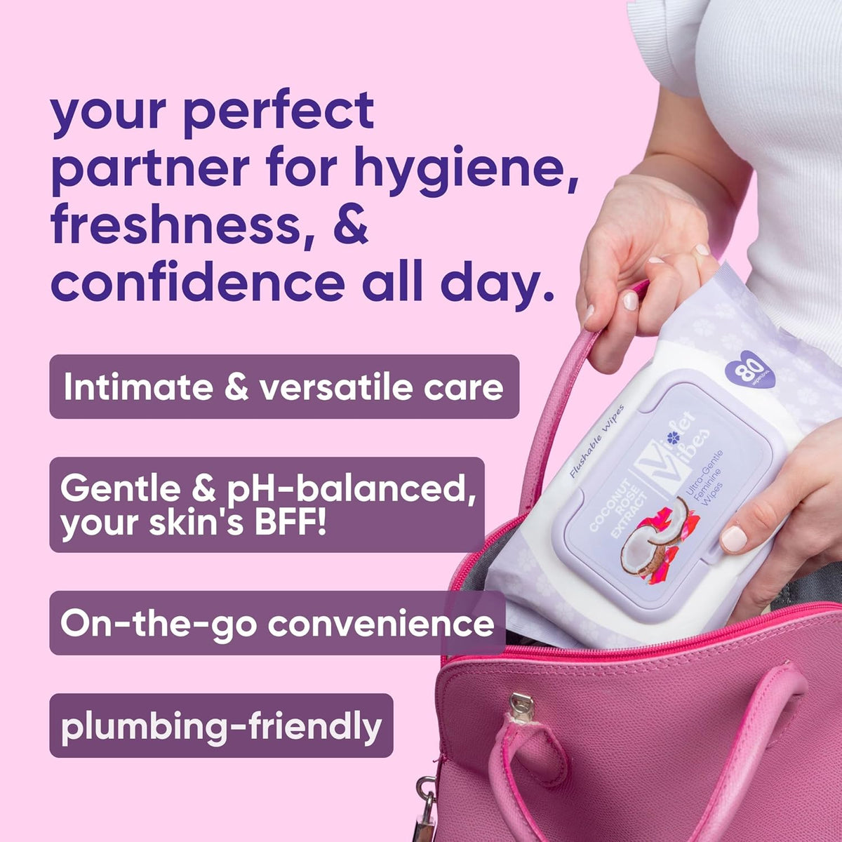 Violet Vibes Flushable Wipes for Women - Coconut Rose, 400 Count, Plant Based, Gentle on Sensitive Skin