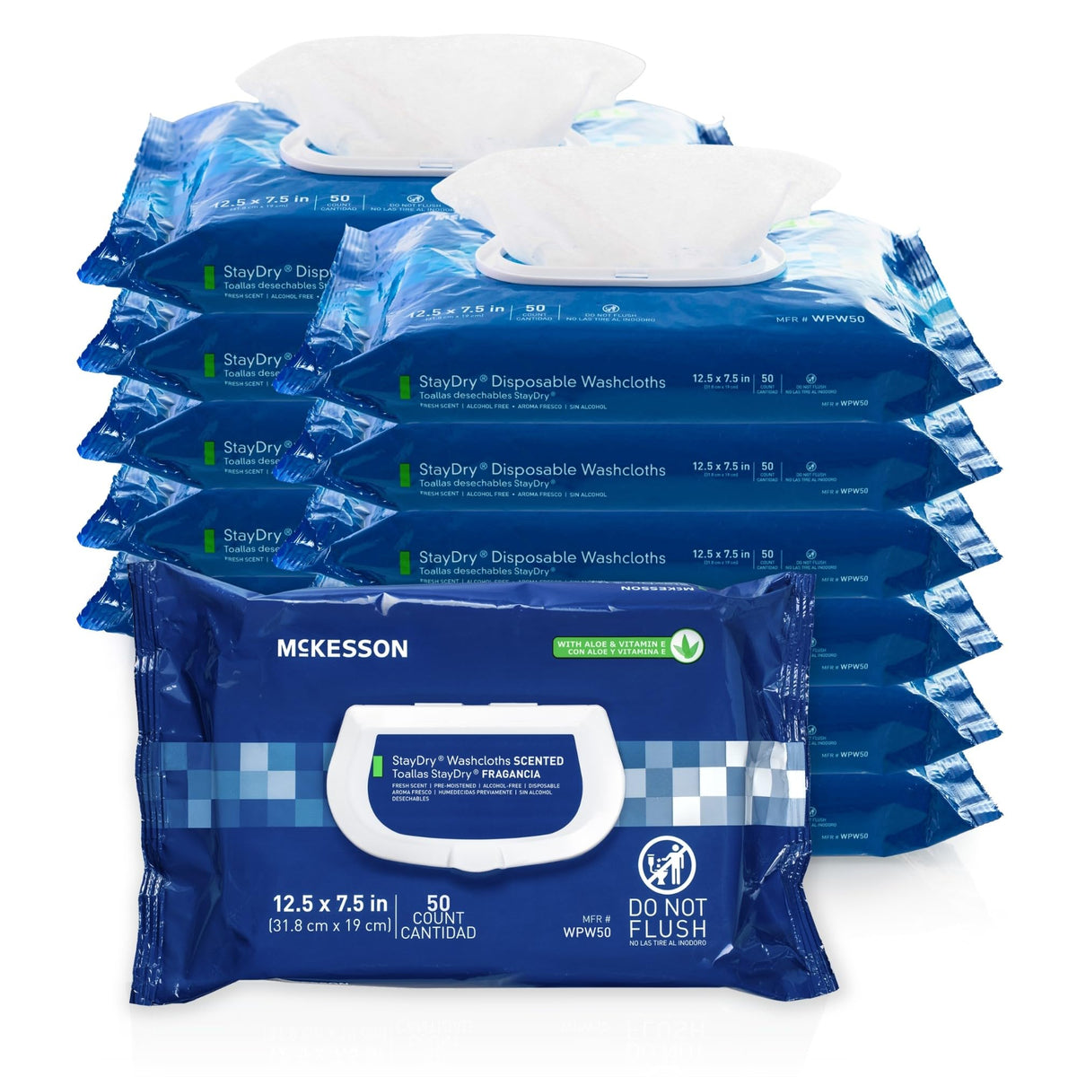 McKesson Disposable Wipe 12 Pack, 600 Washcloths - Large Adult Body and Incontinence Washcloths with Aloe and Vitamin E, Alcohol-Free, 50 Wipes Per Pack